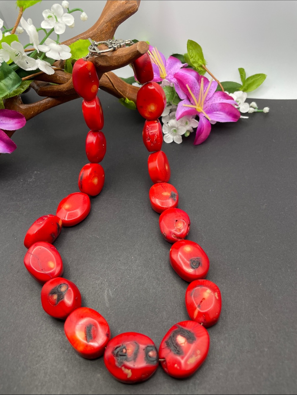 Red Coral chunky statement necklace wire strung A35